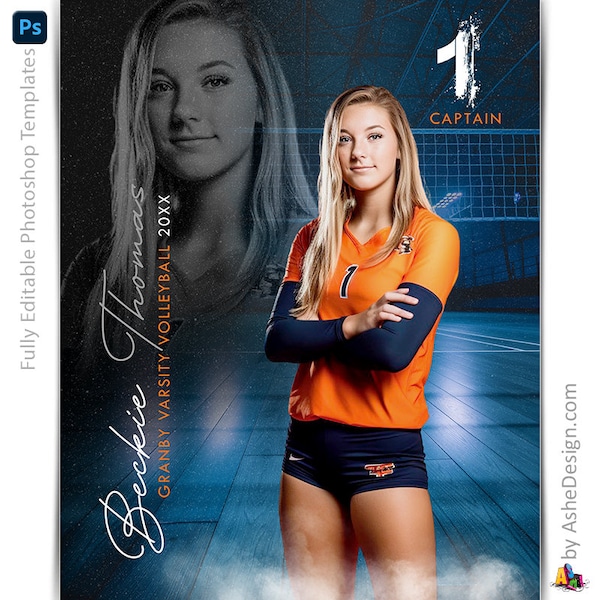 Photoshop Volleyball Poster Templates, PSD Sports Photography-Templates, Resize For Senior Night Banners, Reflection Volleyball