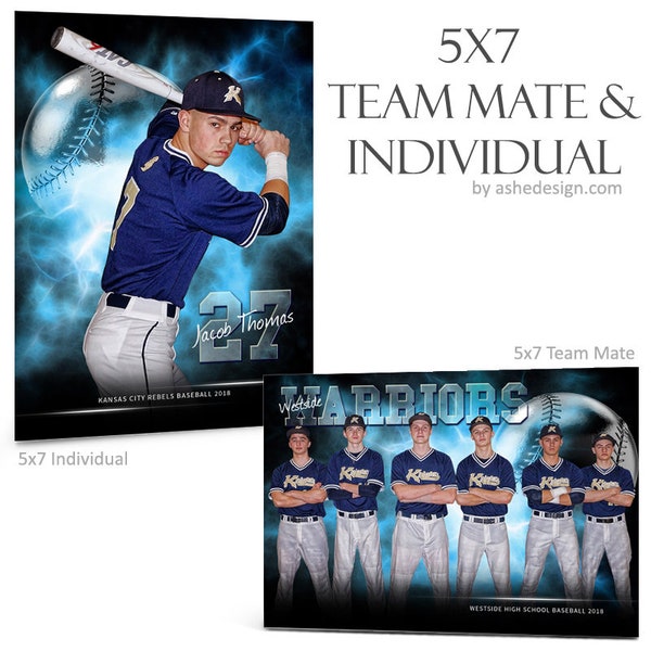 Photoshop Templates | Team Mates & Individual | Sports Collages |  5x7 | ELECTRIC EXPLOSION Baseball - (2) Digital Files, Sports Photography
