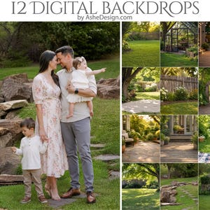 May include: A collection of 12 digital backdrops by AsheDesign.com featuring various outdoor garden scenes, including grassy lawns, a greenhouse, a wooden deck with string lights, stone pathways, and a small shed, displayed in a grid format.