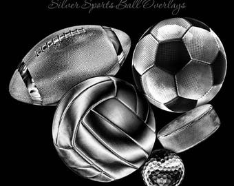 Photoshop Design | Sports Photo Overlays | SILVER Sports Balls Overlay Set 1 | (5) Digital .PNG Files for Sports Photography & Quick Pages.