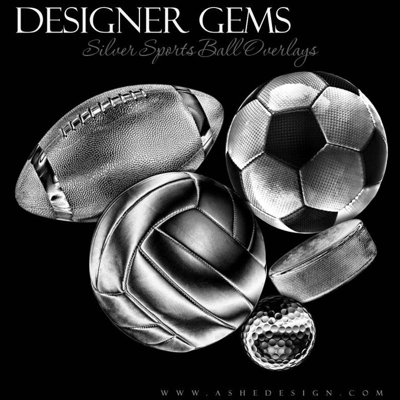 Digital .PNG Files for Sports Photography /& Quick Pages. 5 Photoshop Design Sports Photo Overlays SILVER Sports Balls Overlay Set 1 |