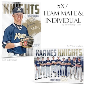 May include: Two 5x7 baseball team and individual photos. One features a player in a navy blue jersey with the text "Knights" and "Varsity Baseball 2022". The other shows the team with the text "Karnes Knights" and "Varsity Baseball 2022".