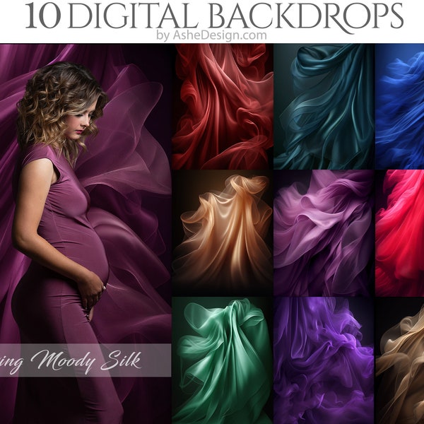10 Flowing Silk Digital Photography Backdrops, Photoshop Texture Overlays For Photographers, Maternity Backdrops, Wedding Backdrops, Moody
