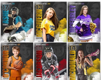 Photoshop Sports Template Bundle Includes 12 Layered PSD Sports Poster Templates For Photoshop, Easily Resize For Senior Night Banners!