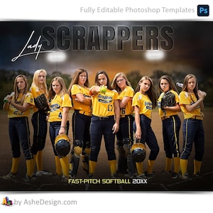 Photoshop Softball-Poster-Vorlagen, Sportfotografie-Vorlagen, PSD Hintergrund, Resize For Senior Banners, In The Shadows Softball Team