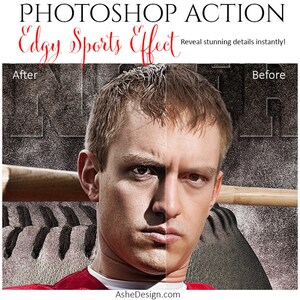 Può includere: Un'immagine prima e dopo che mostra il viso di un uomo con un effetto testurizzato granuloso applicato. Il testo "Edgy Sports Effect" è sopra l'immagine. Il testo "Dopo" è sul lato sinistro dell'immagine e il testo "Prima" è sul lato destro dell'immagine.