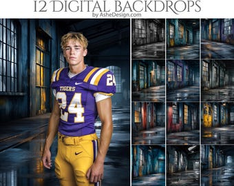 May include: Image features a young person in a purple and gold football uniform with the number 24. The image also showcases 12 digital backdrops with industrial themes, including various window and lighting effects. Text at the top reads "12 DIGITAL BACKDROPS by AsheDesign.com."
