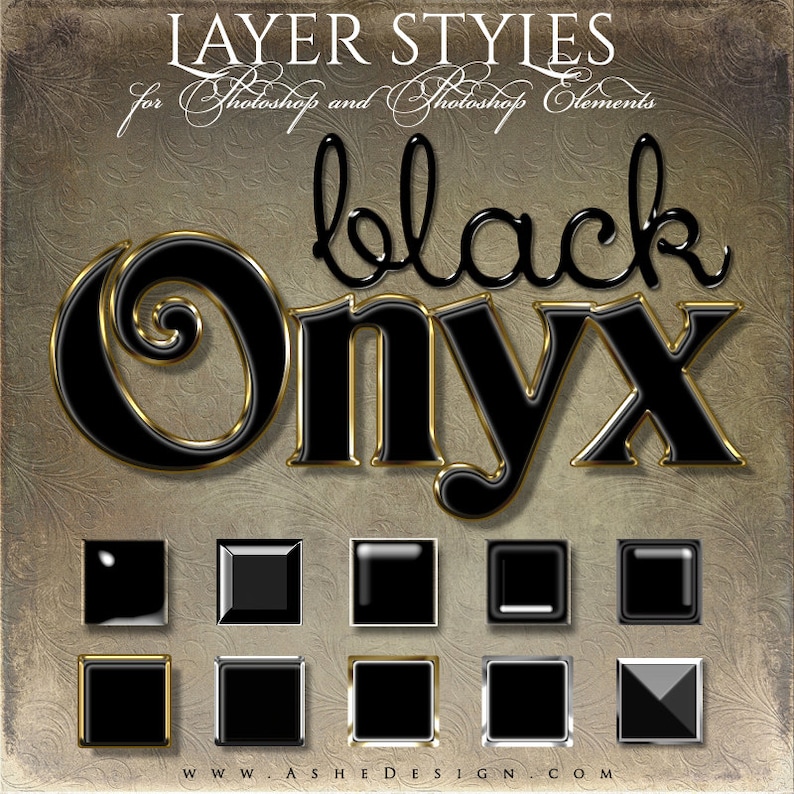 May include: Black Onyx layer styles for Photoshop and Photoshop Elements. The image shows a variety of black and gold squares with different textures and styles.