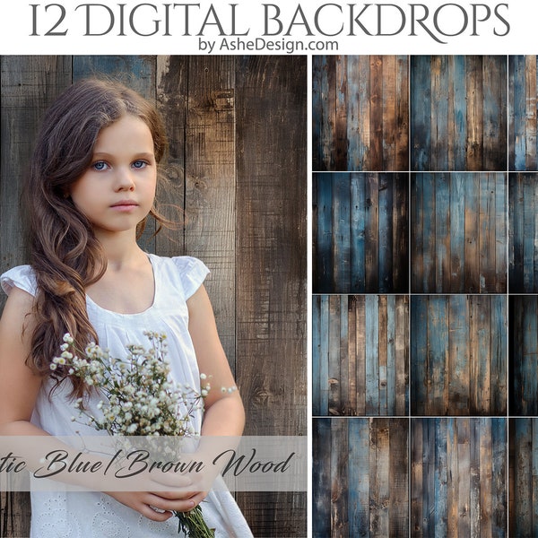 12 Rustic Blue Brown Wood Digital Photography Backdrops, Photoshop Overlays, Studio Backdrops For Photographers, Wedding & Senior Backdrops