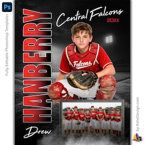 May include: A baseball-themed graphic design featuring a young catcher in a red uniform with the word "HANBERRY" in large red letters. The design includes the text "Central Falcons" and "Drew". A team photo is also included.