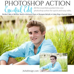 May include: A before and after photo of a young man sitting in a field of grass. The image on the left shows the original photo, while the image on the right shows the photo after using a Photoshop action to enhance the image. The text "Essential Edit" is displayed above the images, along with a list of features included in the action: Perfect Skin, Whiten Teeth, Enhance Eyes, Sharpen Details, Colour Pop, Sunset Glow.