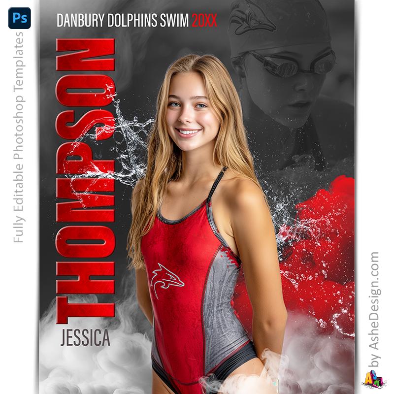 Photoshop Swim Poster Templates, Sports Photography-Templates, PSD Background, Resize For Senior Night Banners, Sports Legends Swim