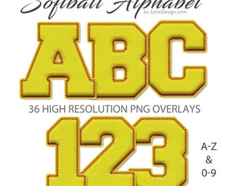 Softball Stitch Alphabet PNG Letter Set, Softball Lettering Clipart, 3D Softball Sports Letters, Varsity Sports Letters & Numbers Clip Art