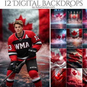 May include: A collection of 12 digital backdrops featuring Canadian imagery. The backdrops include a hockey player in a red and black jersey, the Canadian flag, and stage settings with the maple leaf. Text at the top reads "12 DIGITAL BACKDROPS".