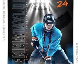 May include: A female hockey player wearing a blue jersey and black helmet with a black and white hockey puck in the background. The text "EMMA TAYLOR" is on the left side of the image and "SOUTH CENTRAL VARSITY HOCKEY" is on the right side of the image. The number "24" is in the top right corner of the image.