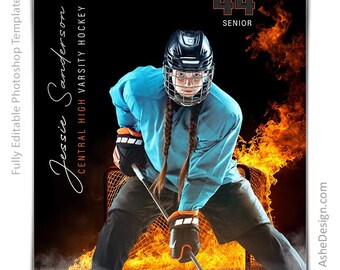 May include: A hockey player in a blue jersey and black helmet, poised to shoot the puck. The image features the text "Jessie Sanderson, Central High Varsity Hockey" and "44 Senior" against a fiery background, with the AsheDesign.com logo.