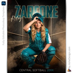 May include: A teal softball catcher in uniform, kneeling with a glove. The image features the text "Zarcone" and "Riley" in a stylized font, with "Central Softball 20XX" at the bottom. The background has a chain-link fence design.