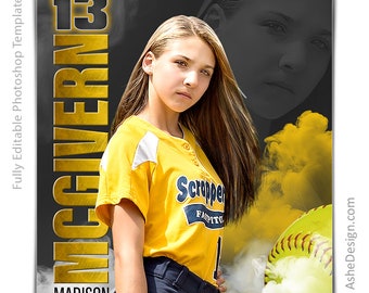 Photoshop Softball Poster Templates, Sports Photography-Templates, PSD Background, Resize For Senior Night Banners, Sports Legends Softball