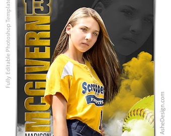 Photoshop Softball Poster Templates, Sports Photography-Templates, PSD Background, Resize For Senior Night Banners, Sports Legends Softball