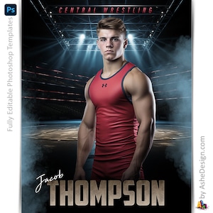 Photoshop Wrestling Poster Templates, PSD Sports Photography-Templates, Resize For Senior Night Banners, Stadium Lights Wrestling