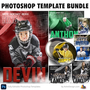 Könnte beinhalten: Ein Satz Photoshop-Vorlagen für Hockey-Teamfotos. Die Vorlagen bieten verschiedene Designs mit Teamnamen, Spielernamen und Teamlogos. Die Vorlagen sind vollständig editierbar und können verwendet werden, um benutzerdefinierte Teamfotos zu erstellen.