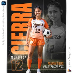 Puede incluir: Un uniforme de fútbol que consiste en una camiseta blanca y naranja con el texto Tigers y el número 12, pantalones cortos naranjas con un logotipo blanco y calcetines naranjas. El gráfico incluye el texto CIERRA, MENDOZA, 12, AGAWAM TIGERS, VARSITY SOCCER 20XX.