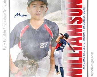 May include: Baseball-themed digital template featuring a young baseball player in a navy blue jersey with red accents and the number 27. The name "Mason" is written in cursive. The word "WILLIAMSON" is in large red letters, with "ALABAMA EAGLES DIVISION 1 BASEBALL 20XX" below.
