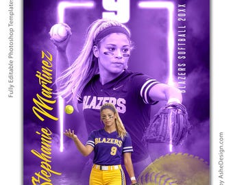 Photoshopソフトボールポスターテンプレート、PSDスポーツ写真テンプレート、シニアナイトバナーのサイズ変更、ソフトボール用カラーサイドライト