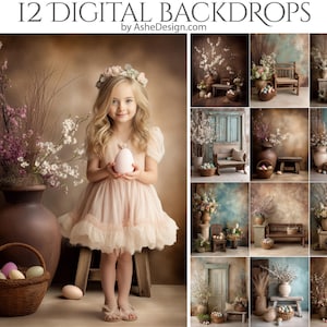 Puede incluir: Una niña con un vestido rosa y una corona de flores sostiene un huevo rosa grande, con una cesta de huevos y un jarrón grande con flores cerca. La imagen muestra 12 fondos digitales con temas de Pascua.