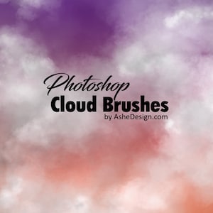 Può includere: Un'illustrazione digitale di un cielo nuvoloso con uno schema di colori rosa, viola e bianco. Il testo "Photoshop Cloud Brushes by AsheDesign.com" è sovrapposto all'immagine.