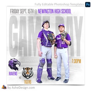 Plantillas de Photoshop para redes sociales del día del juego para equipos e individuos - Descarga instantánea - Whiteout - Béisbol