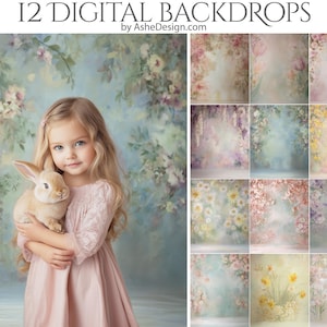 12 digitala vårblommor, bakgrunder med mini-påskfotografering, bakgrunder med pastellblommor och barnporträtt för Photoshop