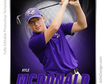 May include: A young man wearing a purple golf shirt with a white logo that says "K.C. Golf" and a black baseball cap with the letters "K.C." in white. He is holding a golf club and is in the middle of a swing. The background is a purple and black gradient with a white swirl.
