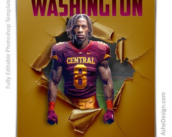 Peut inclure: Un joueur de football américain portant un maillot bordeaux et or avec le mot "CENTRAL" sur le devant et le numéro "8" sur la poitrine. Le joueur se tient dans un trou déchiré dans un fond doré. Le texte "BENTON WASHINGTON" est en haut de l'image et "CENTRAL STATE FOOTBALL 20XX" est en bas.