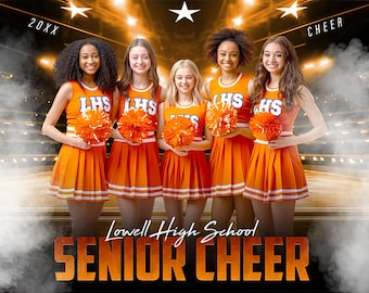 Photoshop Cheer Poster Templates, PSD Sports Photography-Templates, Resize For Senior Night Banners, Stadium Lights Cheer Team