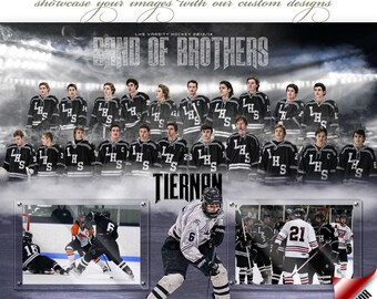 May include: A black and white team photograph of a hockey team with the words "LHS Varsity Hockey 2013/14 Band of Brothers" at the top. The team is standing in front of a smoky background with a spotlight shining on them. The team is wearing black and white jerseys with the letters "LHS" on the front. The team is holding hockey sticks and wearing helmets. The word "TIERNAN" is written in large letters below the team. A single player is shown in a separate photo wearing a black and white hockey jersey with the number "6" on the front. The words "Senior 2014" are in a red box in the bottom right corner of the photograph.