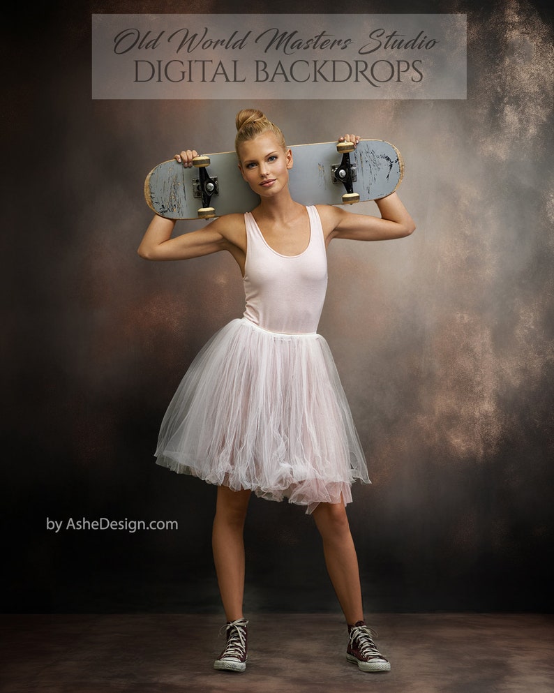 May include: A woman wearing a white tutu and black sneakers holds a skateboard over her shoulder. The background is a dark brown and gray textured backdrop.