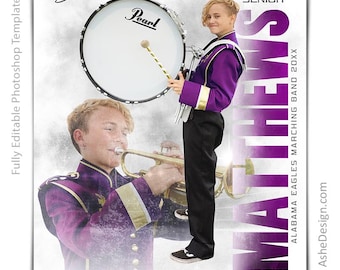 Photoshop Marching Band Poster Templates, PSD Sports Photography-Templates, Resize For Senior Night Banners, Grunge Reflection Band