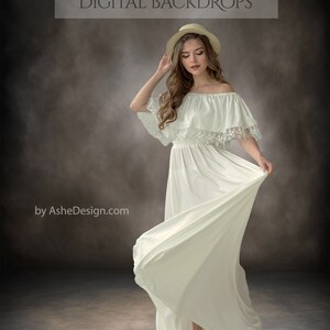 May include: A woman in a white dress and a straw hat stands in front of a brown, textured backdrop. The dress has a lace trim and the woman is holding the skirt of the dress with her right hand. The text "Old World Masters Studio DIGITAL BACKDROPS" is at the top of the image. The text "by AsheDesign.com" is at the bottom of the image.