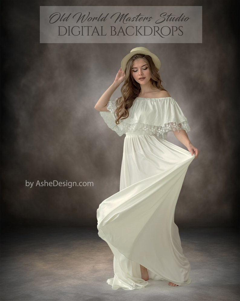 May include: A woman in a white dress and a straw hat stands in front of a brown, textured backdrop. The dress has a lace trim and the woman is holding the skirt of the dress with her right hand. The text "Old World Masters Studio DIGITAL BACKDROPS" is at the top of the image. The text "by AsheDesign.com" is at the bottom of the image.