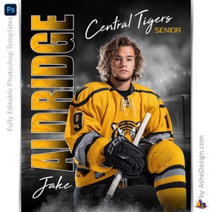 Peut inclure: Un joueur de hockey senior portant un maillot jaune et noir avec le nom "ANDRIDGE" en grandes lettres jaunes. Le texte "Central Tigers SENIOR" est en haut. Le joueur tient une crosse de hockey et porte des gants noirs.