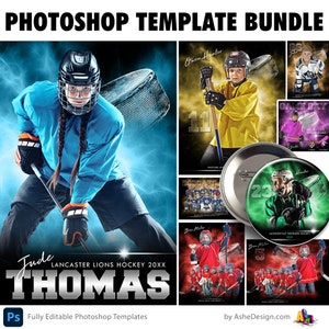Könnte beinhalten: Ein Photoshop-Vorlagenpaket mit Hockey-Designs. Das Hauptbild zeigt einen Hockeyspieler in Blau mit dem Text "Jude Thomas, Lancaster Lions Hockey". Weitere Designs umfassen Spielerporträts und Teamgrafiken.