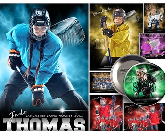 Könnte beinhalten: Ein Photoshop-Vorlagenpaket mit Hockey-Designs. Das Hauptbild zeigt einen Hockeyspieler in Blau mit dem Text "Jude Thomas, Lancaster Lions Hockey". Weitere Designs umfassen Spielerporträts und Teamgrafiken.