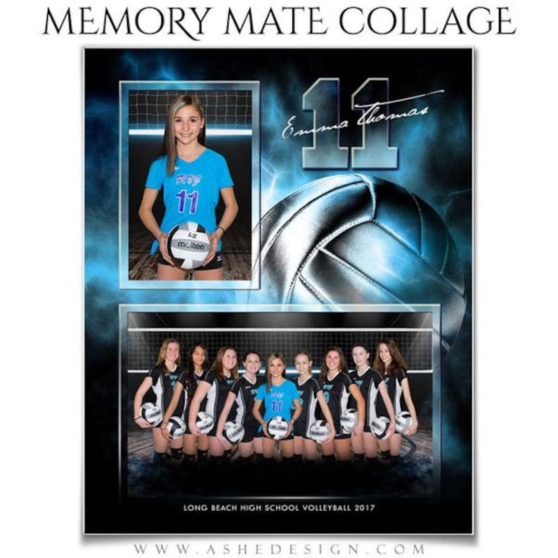 May include: A volleyball collage featuring a team of girls in blue and white uniforms, holding volleyballs. The collage also includes a close-up of a volleyball with a blue and white design and a single girl in a blue and white uniform holding a volleyball. The text "Emma Thomas 11" is written in white on a blue background. The text "LONG BEACH HIGH SCHOOL VOLLEYBALL 2017" is written in white on a black background.