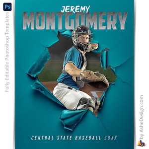 Modèles Photoshop d'affiches de baseball, Modèles de photographie de sport PSD, Redimensionnement pour bannières de soirée seniors, Déchirement de baseball