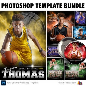 Könnte beinhalten: Ein Satz Photoshop-Vorlagen für Basketball-Teamfotos. Die Vorlagen bieten eine Vielzahl von Designs, darunter einen Spieler mit einem Basketball, ein Teamfoto und eine Nahaufnahme eines Spielergesichts. Die Vorlagen sind vollständig editierbar und können verwendet werden, um benutzerdefinierte Teamfotos zu erstellen.