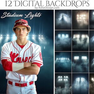 Könnte beinhalten: Zwölf digitale Stadionlicht-Hintergründe mit einem Baseballspieler in rot-weißem Trikot, der vor den Lichtern steht. Die Hintergründe eignen sich perfekt für die Erstellung eines Sportfotos oder -videos.
