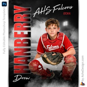 Mallar för Photoshop-affischer för baseboll, PSD-mallar för sportfotografering, storleksanpassa för seniorkvällsbanderoller, enastående baseboll