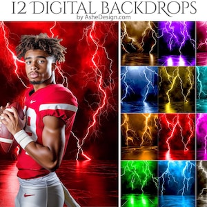 May include: Twelve digital backdrops featuring a variety of colours and lightning bolts. The backdrops are perfect for photographers and graphic designers who want to create unique and eye-catching images.