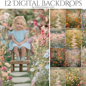 May include: A young child in a light blue dress sits on a wooden stool in a flower garden. The image is surrounded by colourful flowers and includes the text "12 DIGITAL BACKDROPS" and "by AsheDesign.com".